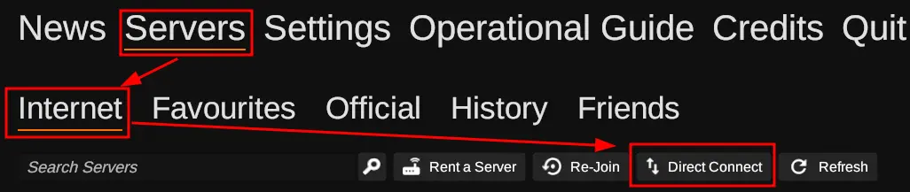 The SCP: Secret Laboratory "Servers" tab with the "Internet" sub-tab selected and an arrow pointing to the 2nd option from the left "Direct Connect"