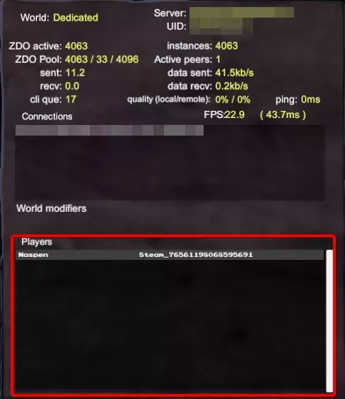The Valheim F2 Screen with the Player list located at the bottom of the screen