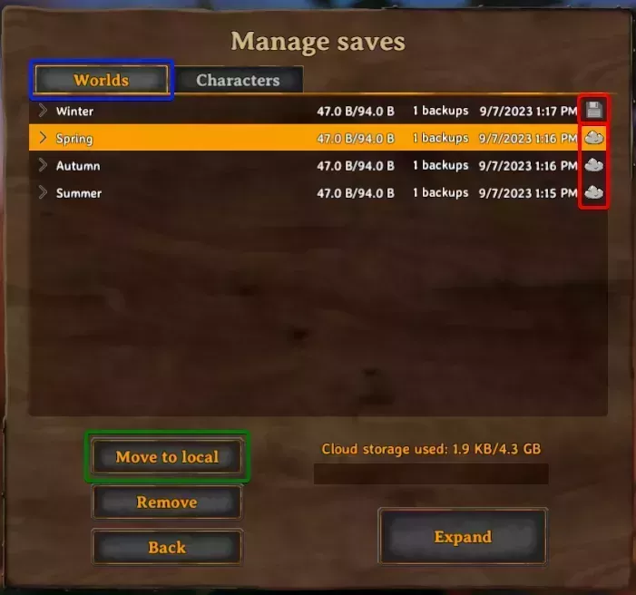 The Valheim manage saves screen with the Worlds tab highlighted at the top of the screen, the local/cloud icons highlighted on the right of the saves table, and the a button currently labeled "Move to local" highlighted on the left side of the upper bottom half of the window
