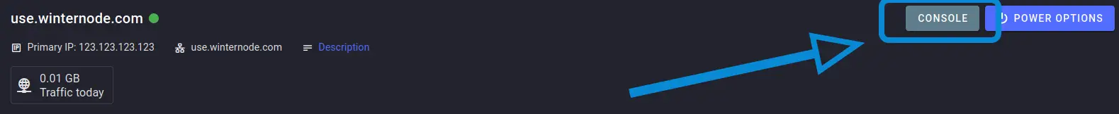 The "Console" button located on the top right of a server's header on the left side of the "Power Options" button.