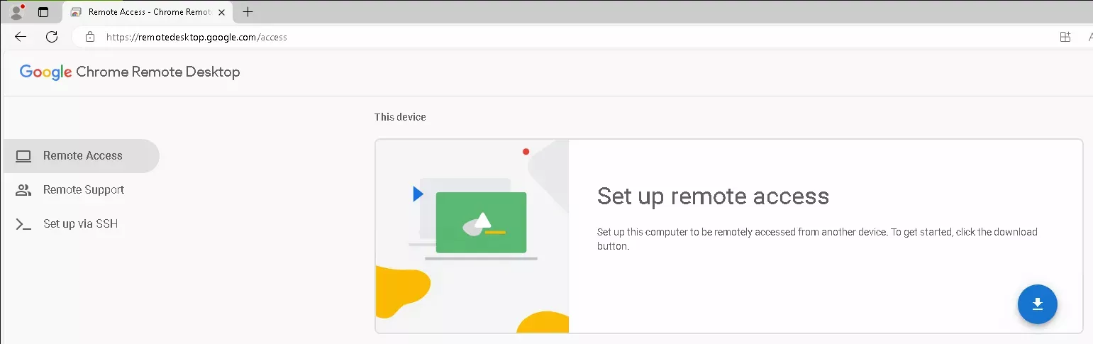 The Chrome Remote Desktop landing page with the "This device" area filled with a card titled "Set up remote access".