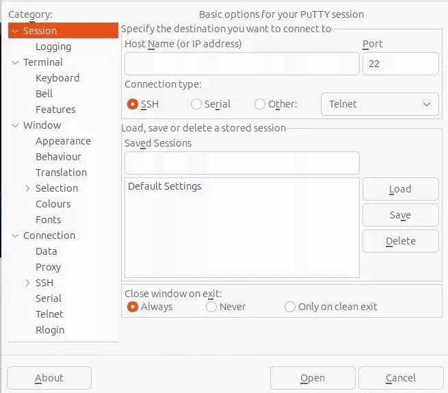 The Putty "Session" category, which opens by default when you launch putty. There's a list of "Category" items on the right and fields for the connection details on the left.