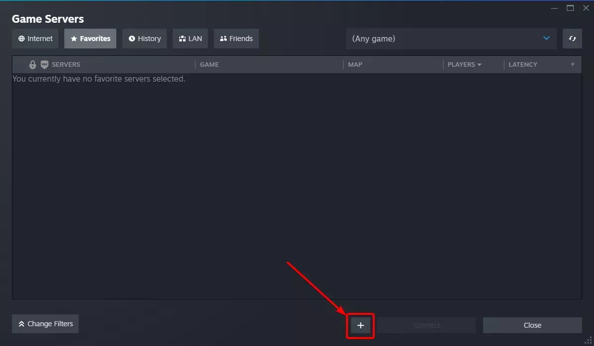 The Steam Servers pane with the Add a Server button highlighted