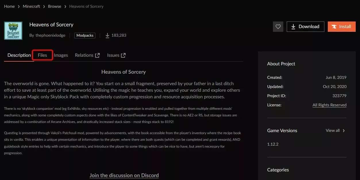 The CurseForge files tab for the Heavens of Sorcery Modpack