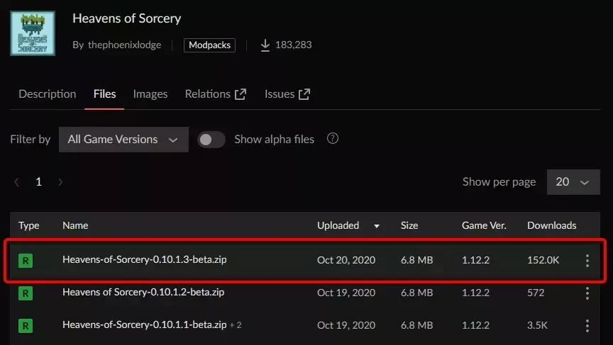 The main file on the CurseForge page for the Heavens of Sorcery Modpack