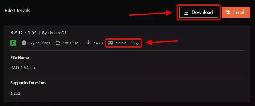 The file details tab of a CurseForge modpack showing the locations of the Modloader information and the download button