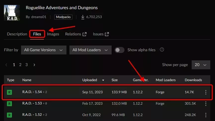 The files tab of a CurseForge modpack showing that you should click on the name of te file you need to download instead of the CurseForge button