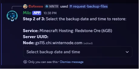 Step 2 of 3 of the WinterNode bot's backup request form, showing the selected service details and a closed "Select backup date and time" dropdown