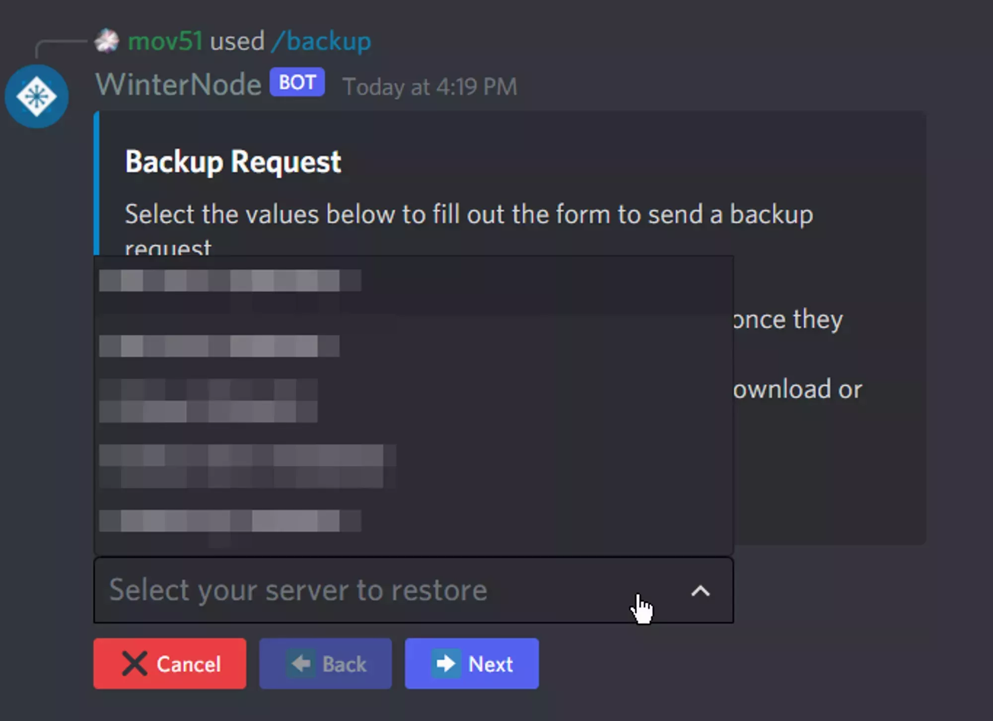 The WinterNode bot's Backup Request form but with the Server Selection dropdown open to display a list of blurred out server UUID's