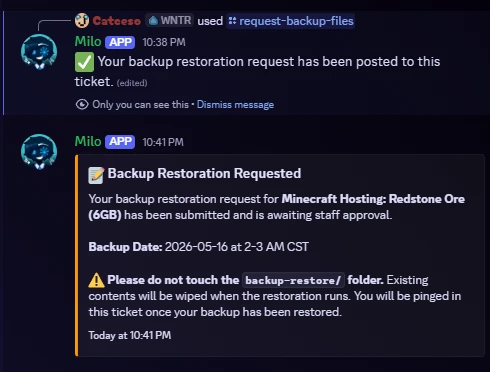 A "Backup Restoration Requested" message from the WinterNode bot confirming the request has been submitted, naming the affected service, the backup date and time, and warning that the backup-restore folder will be wiped when the restore runs