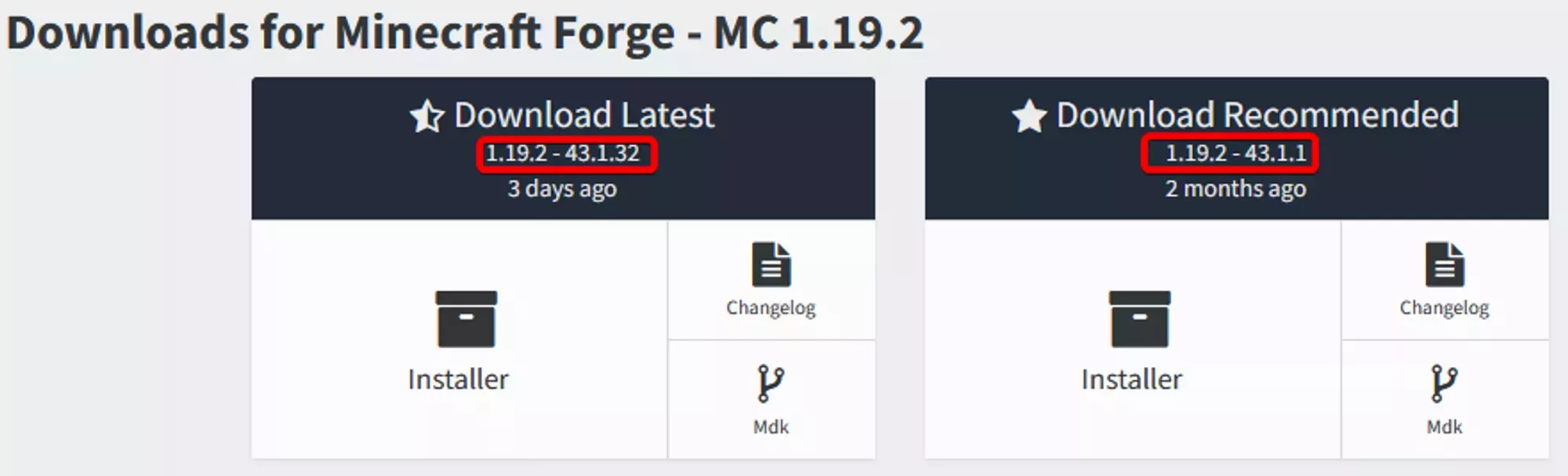 The version designations under the "Download Latest" and "Download Recommended" titles on the Forge Website