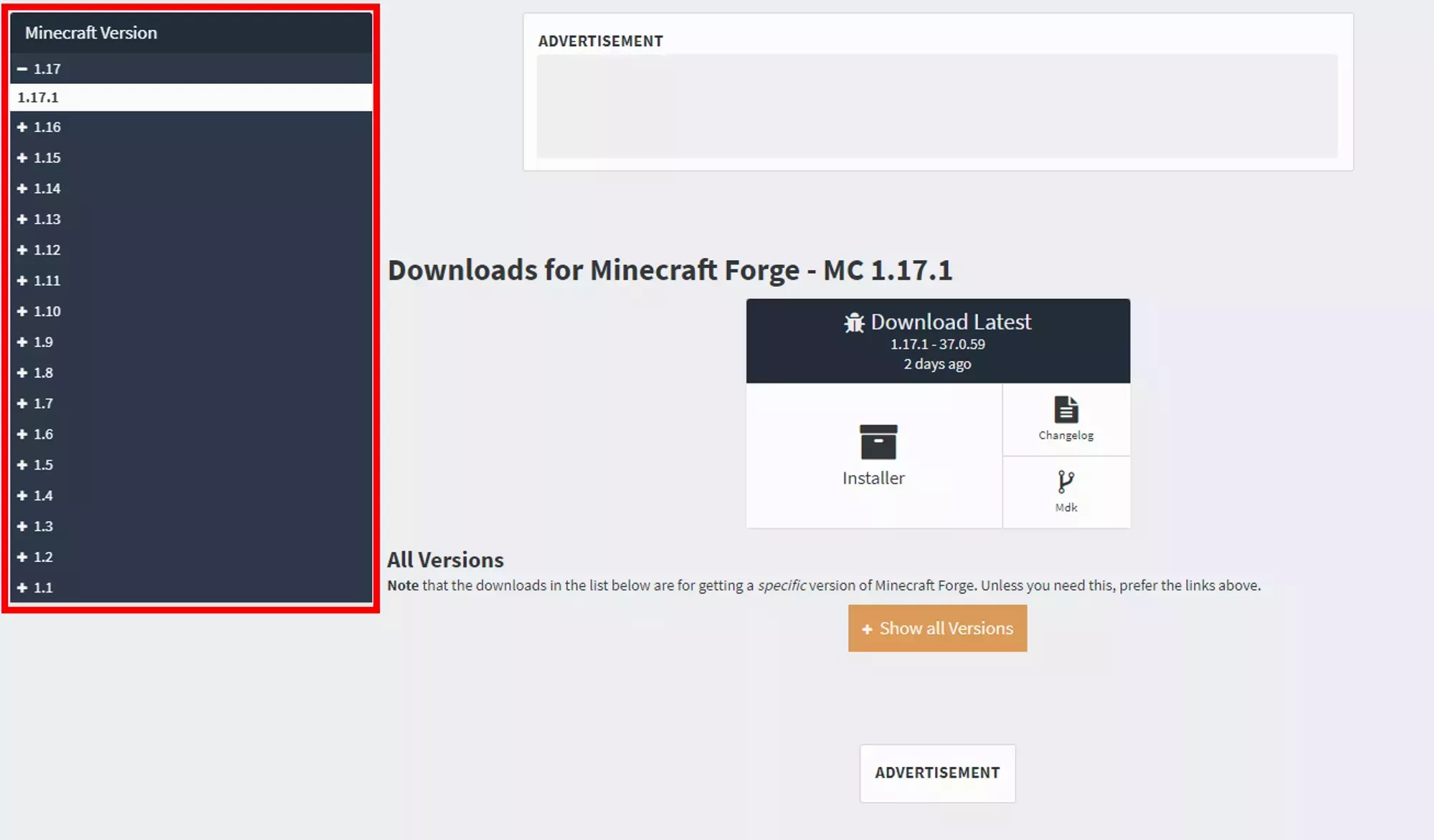 The version list on the Forge Website