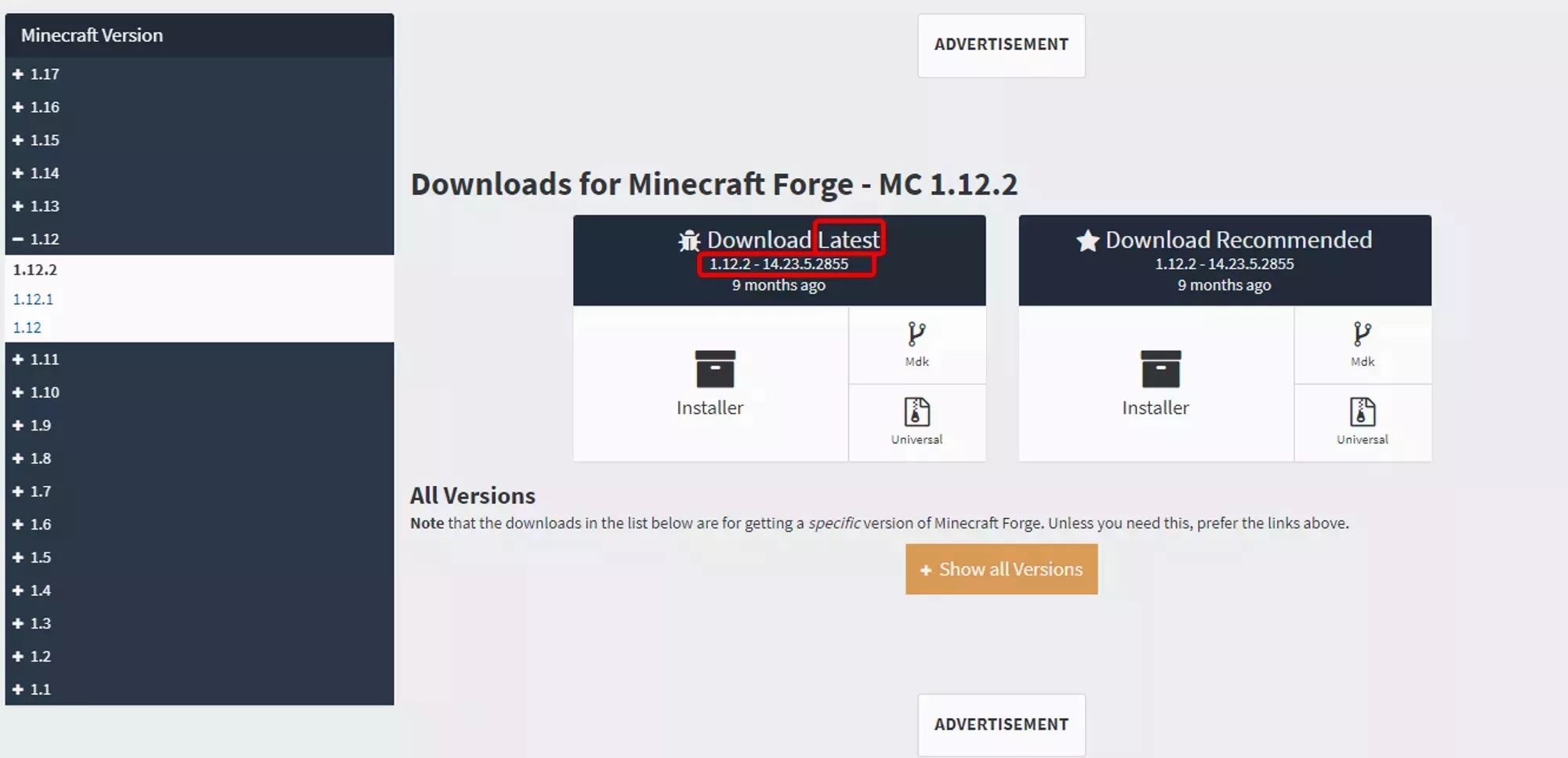 The version number of the latest 1.12.2 Forge release