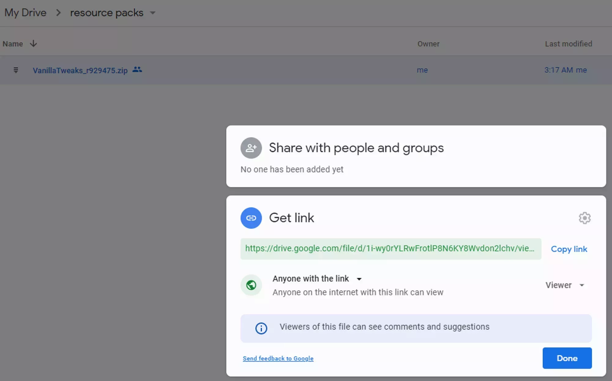 The Google Drive file sharing modal