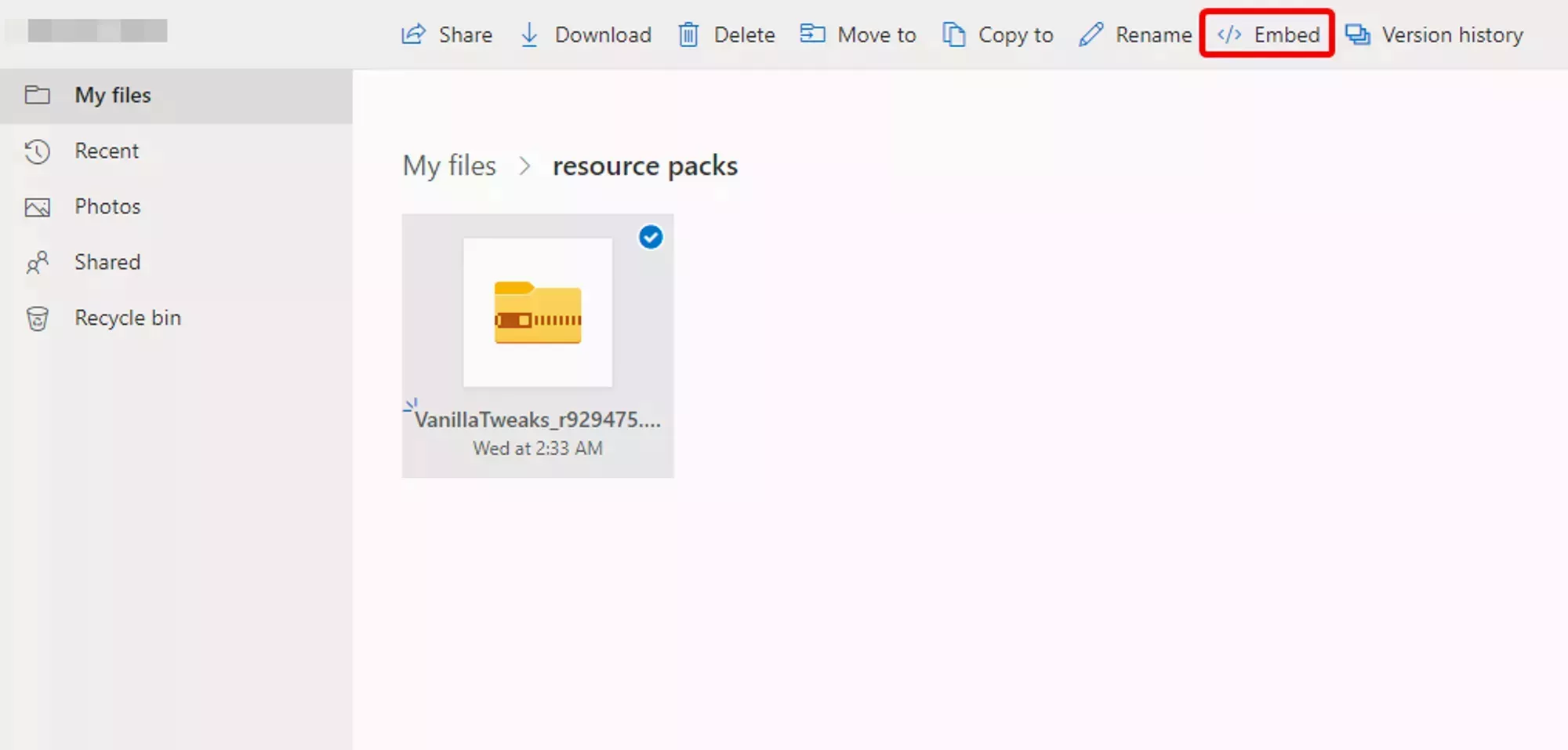 The OneDrive embed button