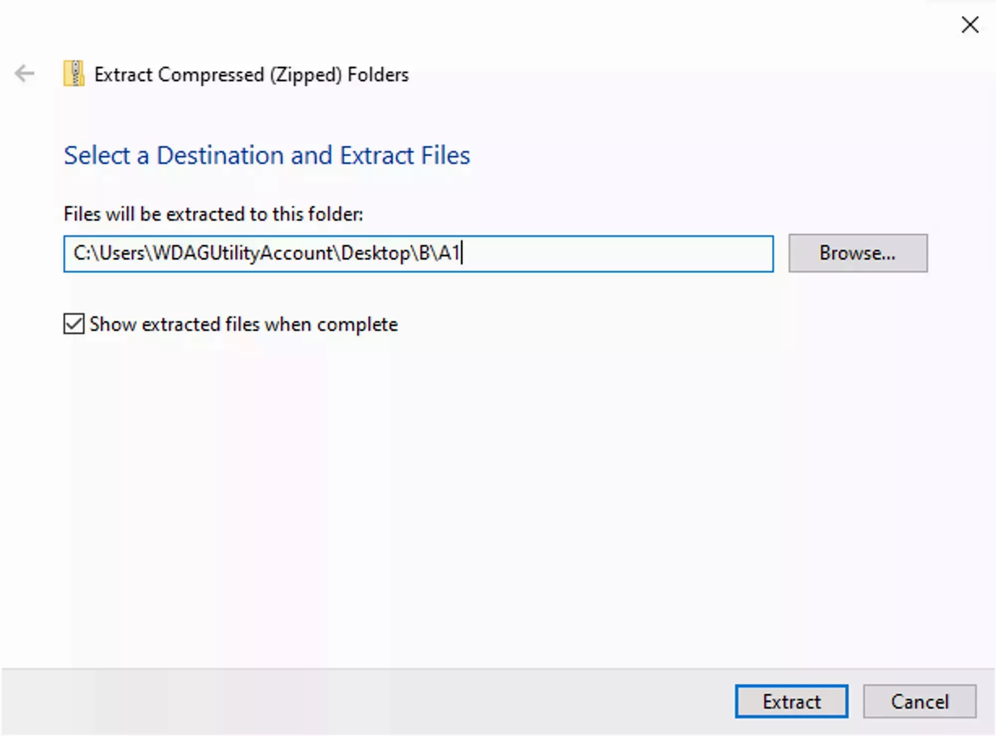 The destination select step for the Extract Compressed Folders wizard with the "Files will be extracted to this folder" field located in the middle of the window and the "extract" button in the bottom right hand corner