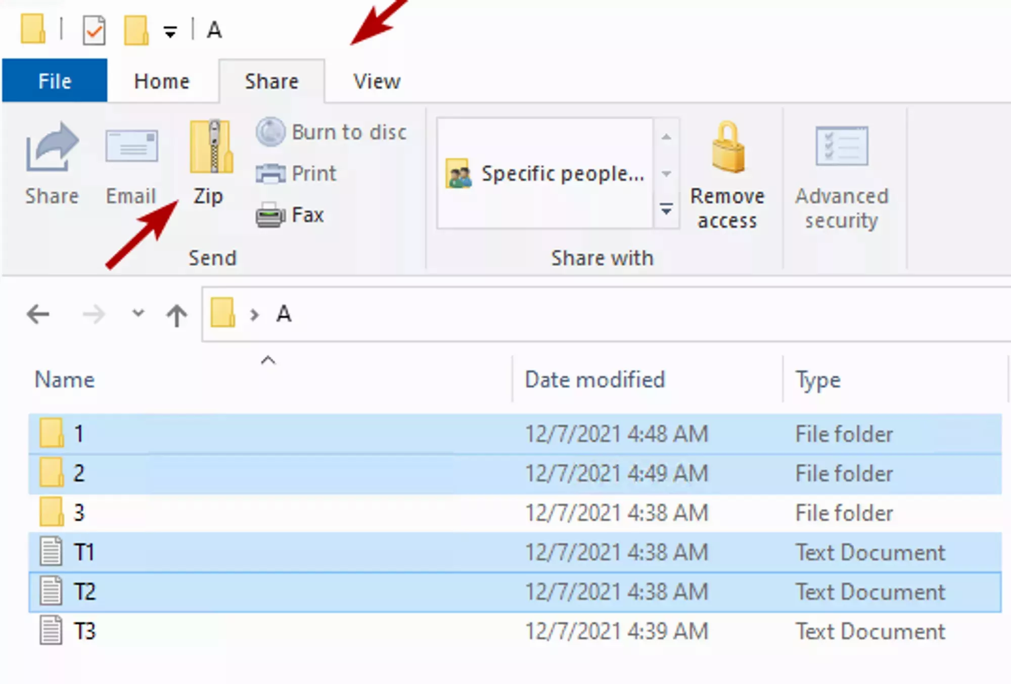 The windows file explorer with folders 1 & 2 and files T1 & T2 selected, while highlighting the position of the "share" tab, second from the left, and the "Zip" button, located under the share tab third from the left.